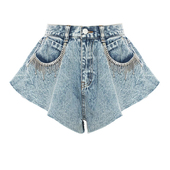 EAM 荷叶边下摆裁剪高腰阔腿裤 STUDIO重工流苏水钻牛仔短裤 女夏季