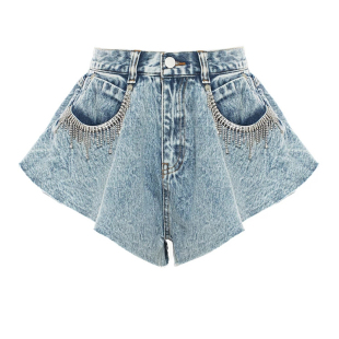 荷叶边下摆裁剪高腰阔腿裤 女夏季 STUDIO重工流苏水钻牛仔短裤 EAM