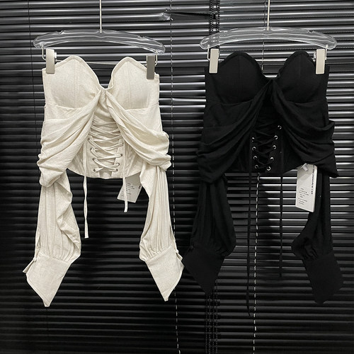 设计感绑带鱼骨抹胸修身上衣