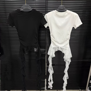 t恤女圆领修身 EAM 不规则下摆蕾丝短袖 STUDIO2025夏季 上衣ins 新款