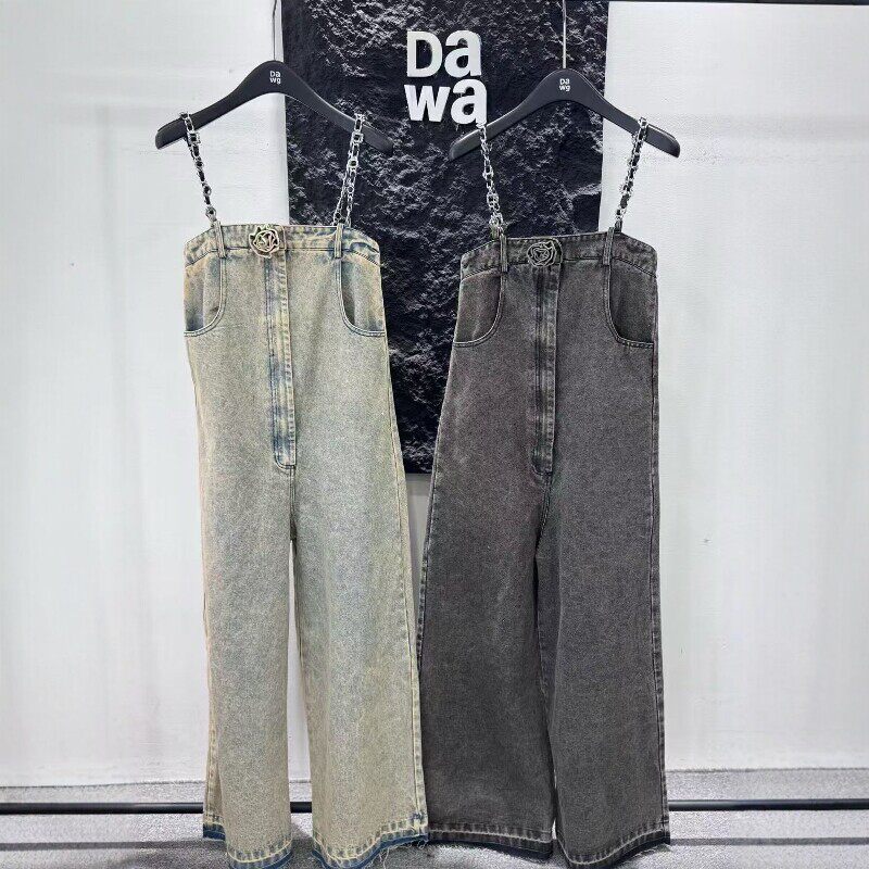 EAM STUDIO2026年春季新款链条背带牛仔连体衣女做旧阔腿拖地长裤