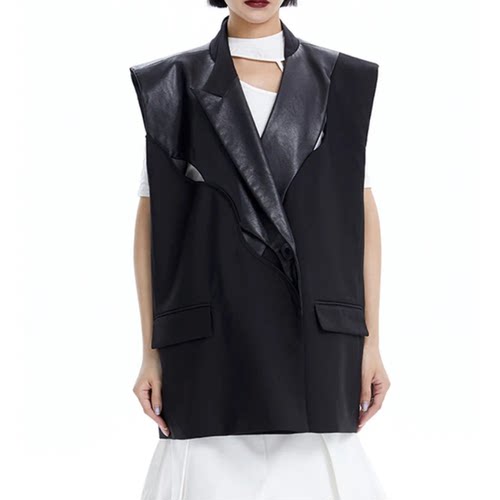 中性小众PU拼接设计宽松坎肩马夹