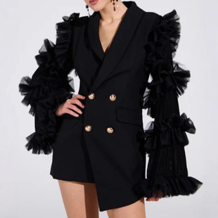 EAM STUDIO2025秋季新款高级网纱荷叶边长袖拼接设计感西装外套女