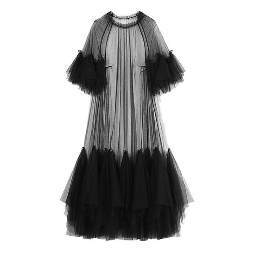 黑色多层次纱裙度假风长裙