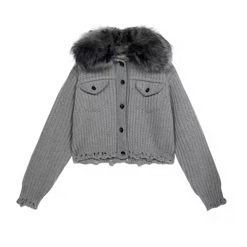大毛领螺纹针织开衫短毛衣外套女