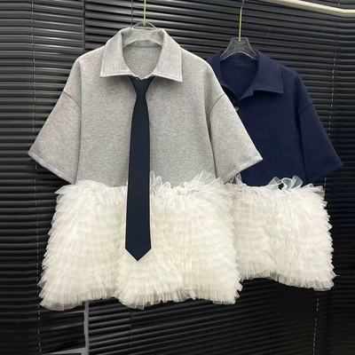 网纱拼接领带T恤裙女夏季独特