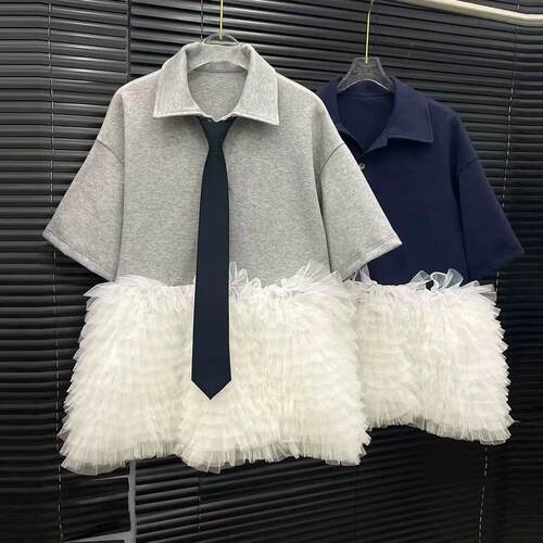 EAM STUDIO2025夏季新款网纱拼接领带T恤裙女夏季独特宽松短裙ins