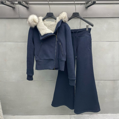 连帽毛领毛绒内胆短外套长裤一套