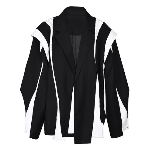 撞色高级感毛边拼接西装廓形西服