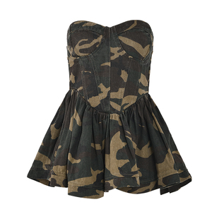 EAM 显瘦小众设计感上衣 STUDIO街头百褶蓬蓬下摆迷彩抹胸辣妹夏季
