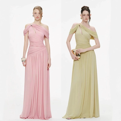 斜肩无袖连衣裙收腰褶皱气质长裙