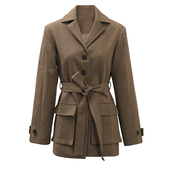 EAM 垫肩西服 外套女春秋款 STUDIO卡其色大口袋系带收腰中长款 西装