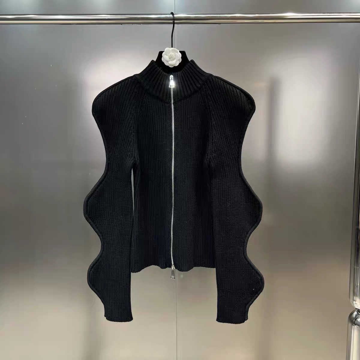 不规则波纹长袖针织衫拉链开衫