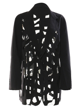 EAM STUDIO个性镂空毛边设计感黑色西装外套女春夏中长款炸街上衣
