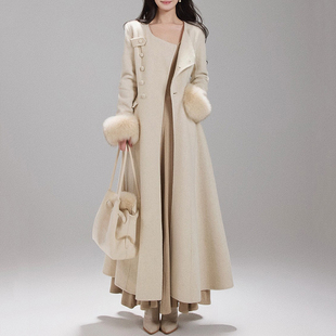 收腰毛呢大衣 温柔气质狐狸毛大毛领长款 EAM STUDIO2025年秋冬新款