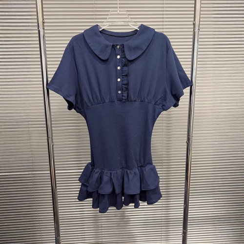 深蓝色翻领蝙蝠短袖连衣裙短裙