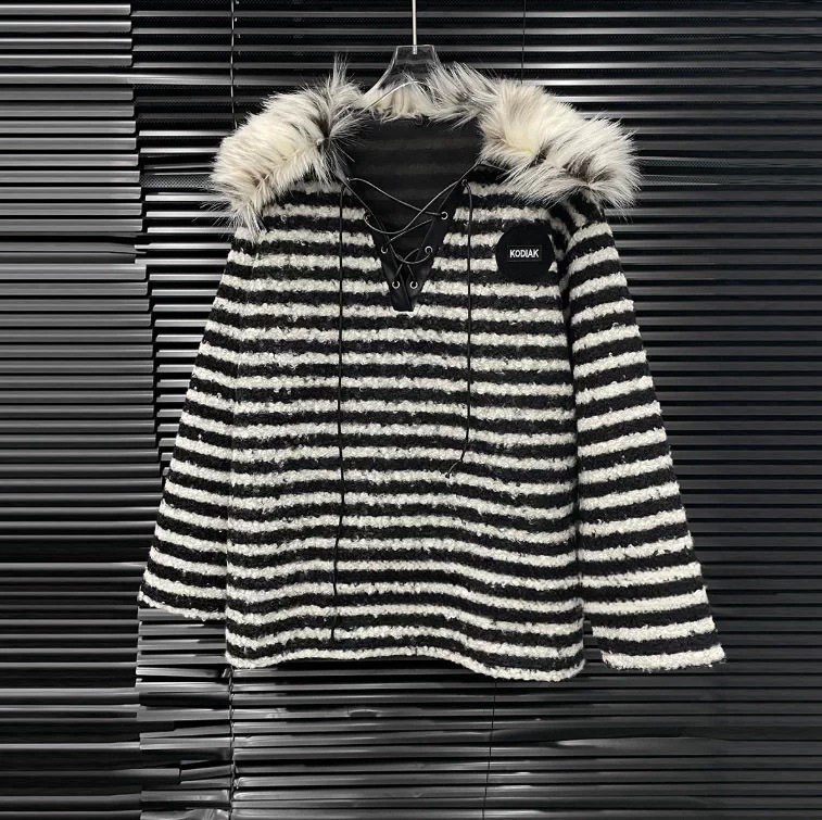 EAM STUDIO2025秋冬新款慵懒风V领条纹毛衣女可拆卸卷毛宽松上衣,女装/女士精品,毛衣,淘宝优惠券,粉丝福利购,淘宝优惠卷