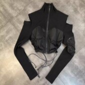 EAM STUDIO立领裁剪镂空短款 卫衣外套女辣妹设计感拼接针织上衣潮