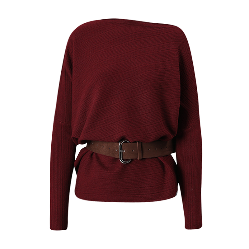 高级长袖斜肩针织衫女气质配腰带