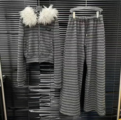 EAM 女套装 STUDIO2025年秋冬新款 慵懒条纹连帽毛领外套松紧腰长裤