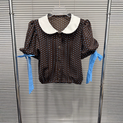波点娃娃领短袖衬衫女泡泡袖系带