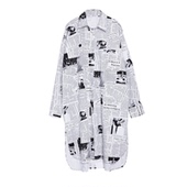 EAM STUDIO复古街头小众翻领单排扣宽松报纸印花衬衣女中长款 上衣