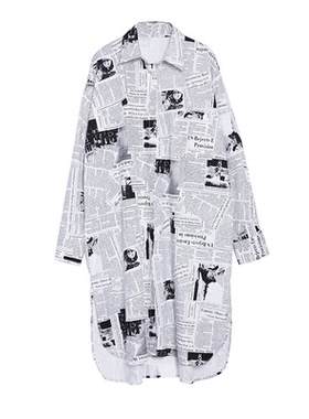 EAM STUDIO复古街头小众翻领单排扣宽松报纸印花衬衣女中长款上衣