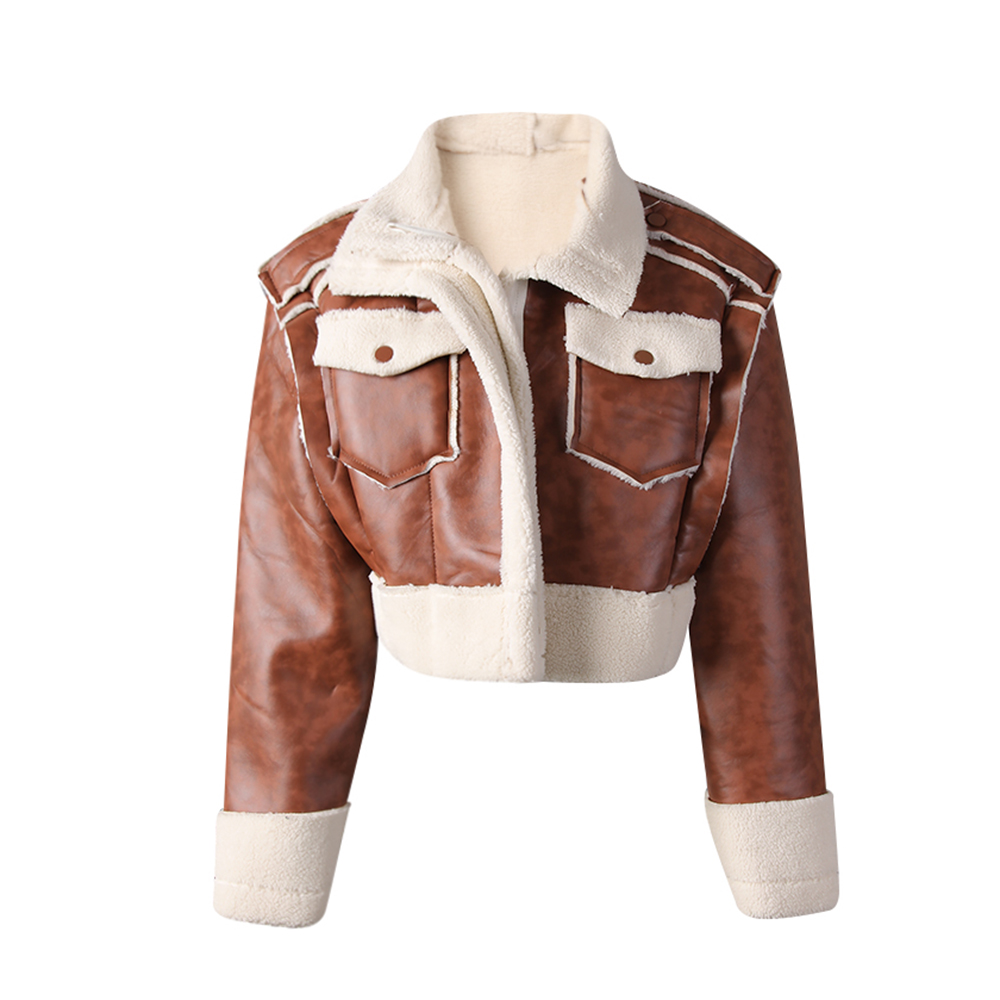 机车街头风撞色羊羔毛拼接短外套