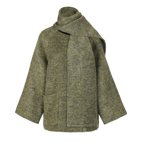 时尚中长款围巾领羊毛混纺大衣