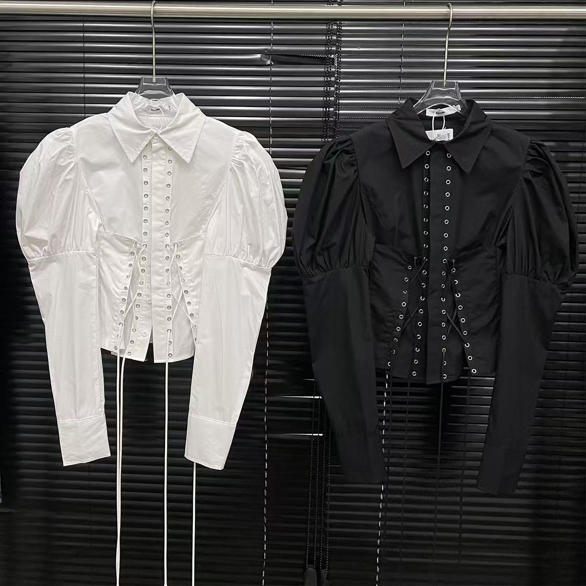 独特鸡眼系带灯笼袖收腰长袖衬衫