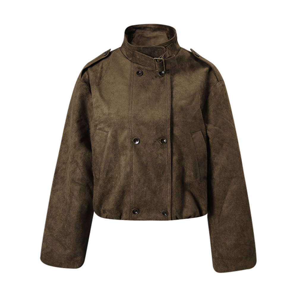 机车风麂皮绒短款风衣外套女立领
