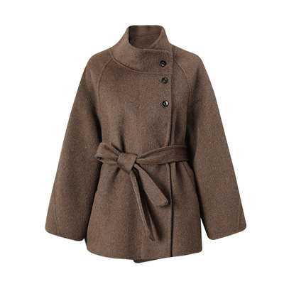 立领双面羊毛大衣短款系带收腰