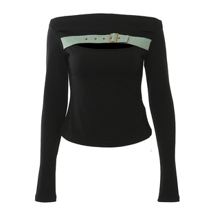 EAM 一字肩牛仔拼接T恤女高弹性感针织打底上衣ins STUDIO黑色修身