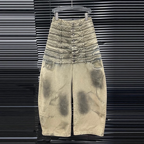 多腰头牛仔裤女宽松弯刀阔腿长裤