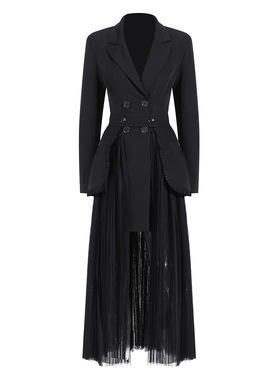 EAM STUDIO2024年春季新款暗黑风设计感气质西装网纱百褶裙套装女