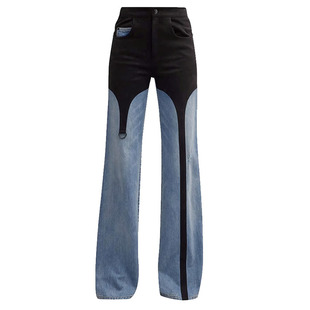 子春秋 女高腰直筒宽松长裤 EAM STUDIO假两件撞色拼接设计感牛仔裤