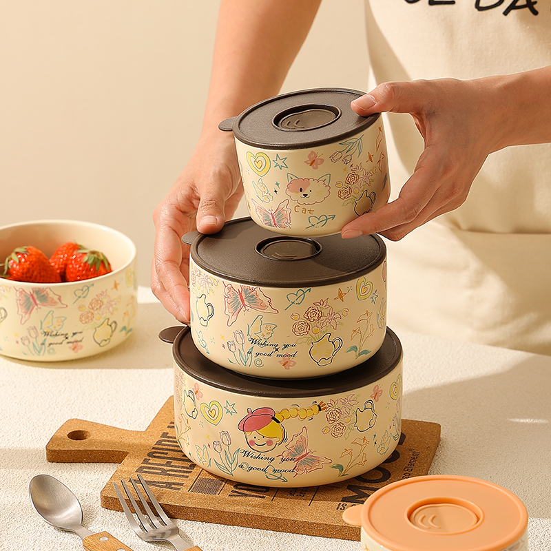 熊谷组陶瓷带盖密封便携式保鲜碗