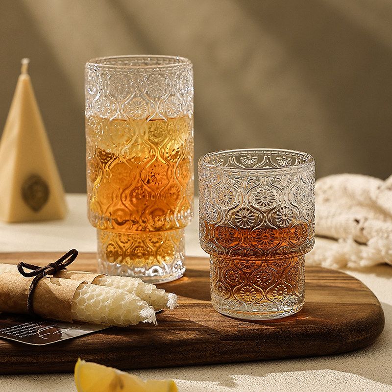 小众复古浮雕玻璃杯女高颜值咖啡杯家用果汁杯冷饮杯啤酒杯茶水杯