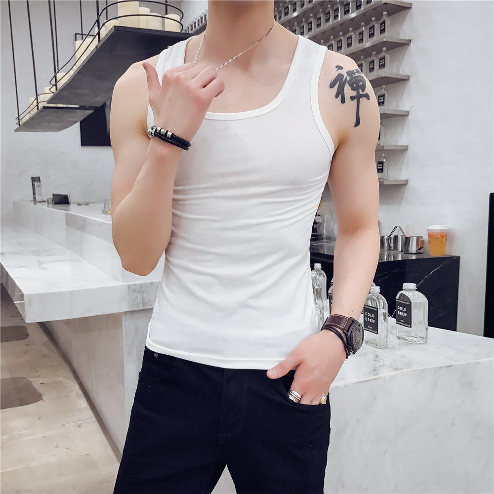夏季男士修身纯棉背心韩版套头无袖紧身运动汗衫白色