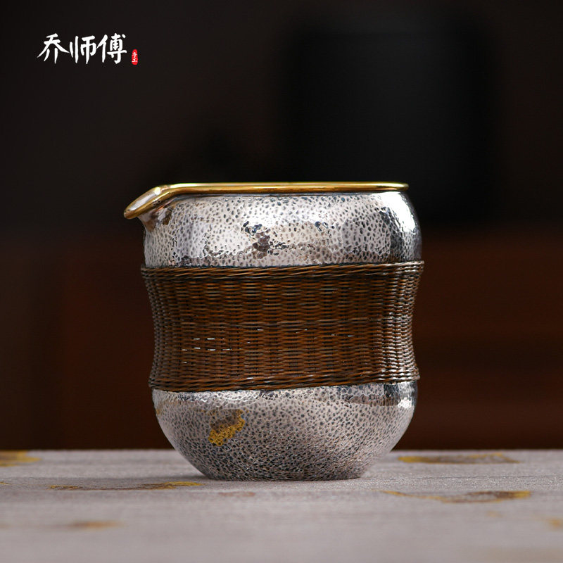 纯银公道杯999纯手工功夫足银银壶竹篾葫芦倒水茶海公平杯分茶器