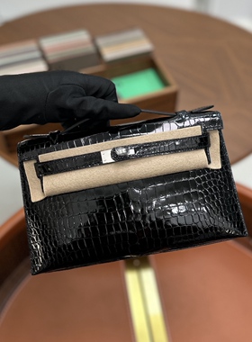 高级定制倒V湾鳄hcp亮面黑色银扣KL22一代手缝蜡线凯莉原厂手拿包