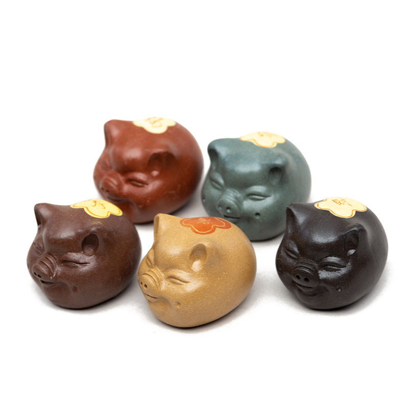 紫砂茶宠猪摆件泥绘福禄寿喜财小猪头雕塑工艺品茶具陶瓷配件茶宠