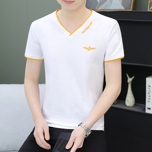 夏季男士短袖t恤纯棉v字领潮流修身半截袖青年休闲上衣服薄款汗衫