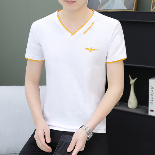 夏季男士短袖t恤纯棉v字领潮流修身半截袖青年休闲上衣服薄款汗衫