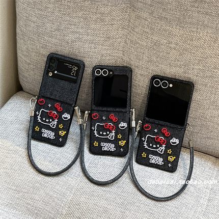 ins刺绣线条蝴蝶结猫咪适用三星zflip7/6/5/4/3手机壳华为pocket2韩系PuraX新款oppofindn3flip小米mix2手绳