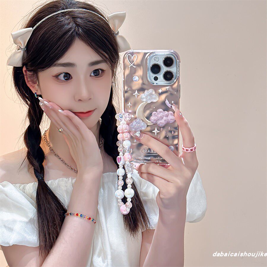玫金色立体云朵月亮适用苹果15/16pro手机壳iphone14promax新款13女11全包防摔12pro网红13pro珠子手链12褶皱