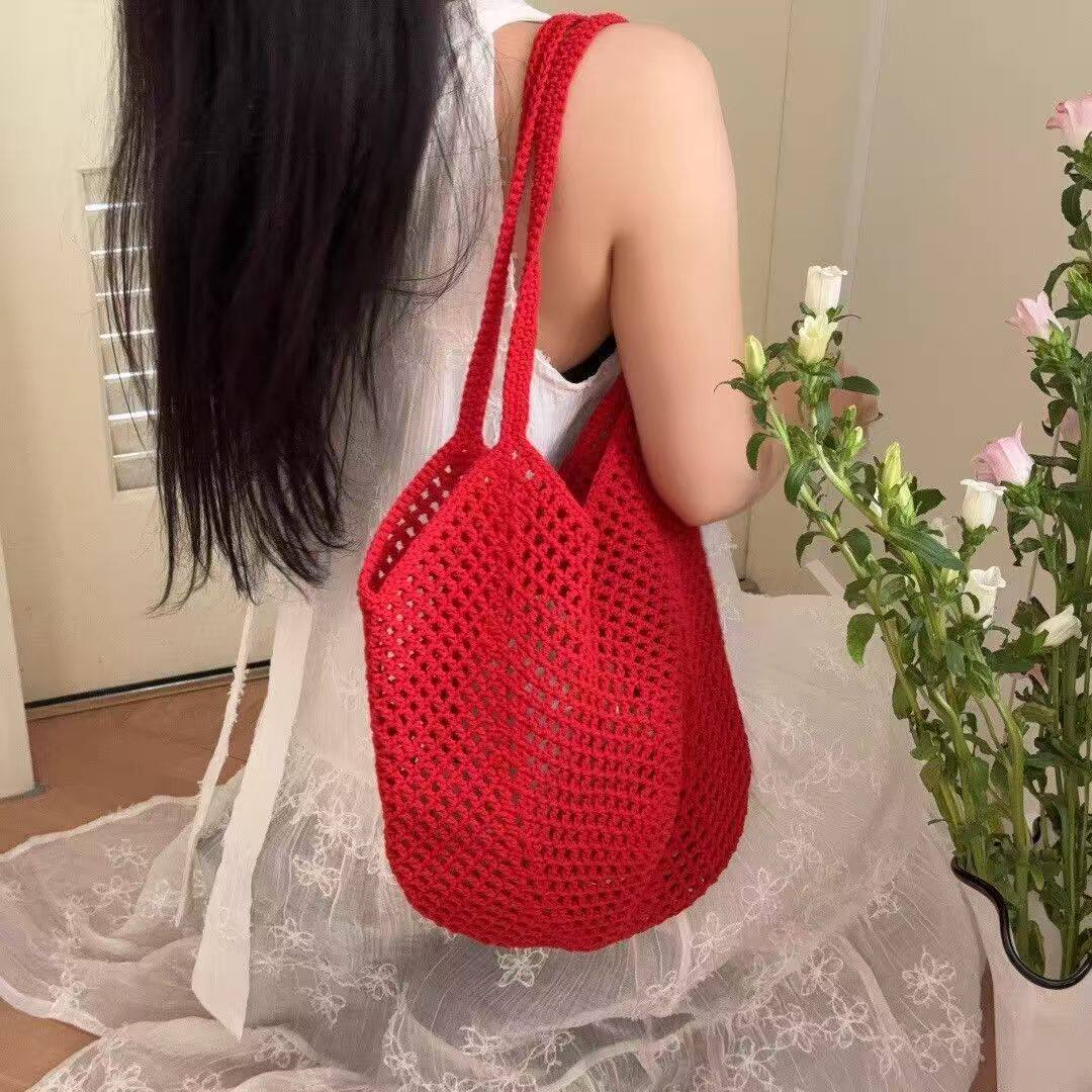 大红手斜挎工草编大容量托特女包