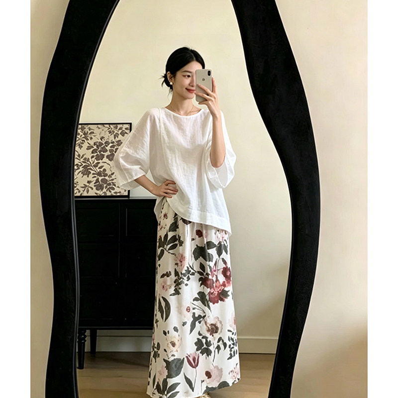 夏季温柔风亚麻套装女简约白色衬衫花卉印花高腰半身裙显瘦两件套