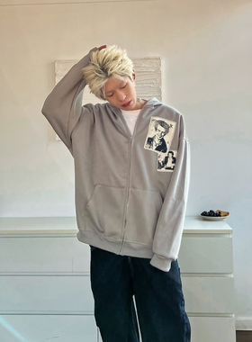 DHSS原创美式贴布人像连帽开衫卫衣男女宽松春季高街拉链外套潮