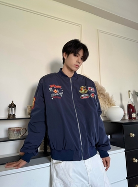 DHSS美式复古徽章刺绣飞行夹克男女宽松夹棉春季高街百搭休闲外套